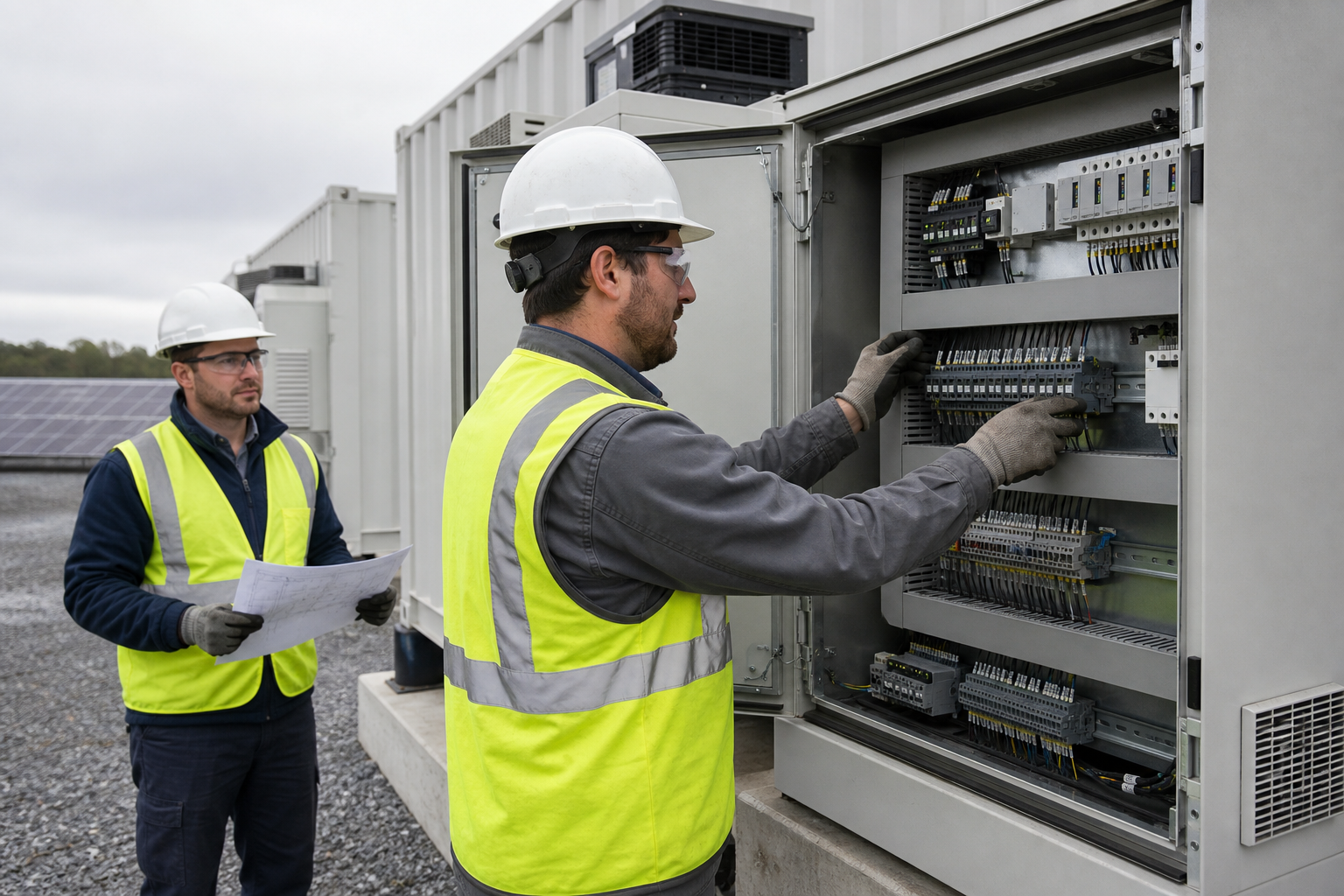 Engineers at a BESS cabinet during commissioning, with battery management and plant control interfaces in view.