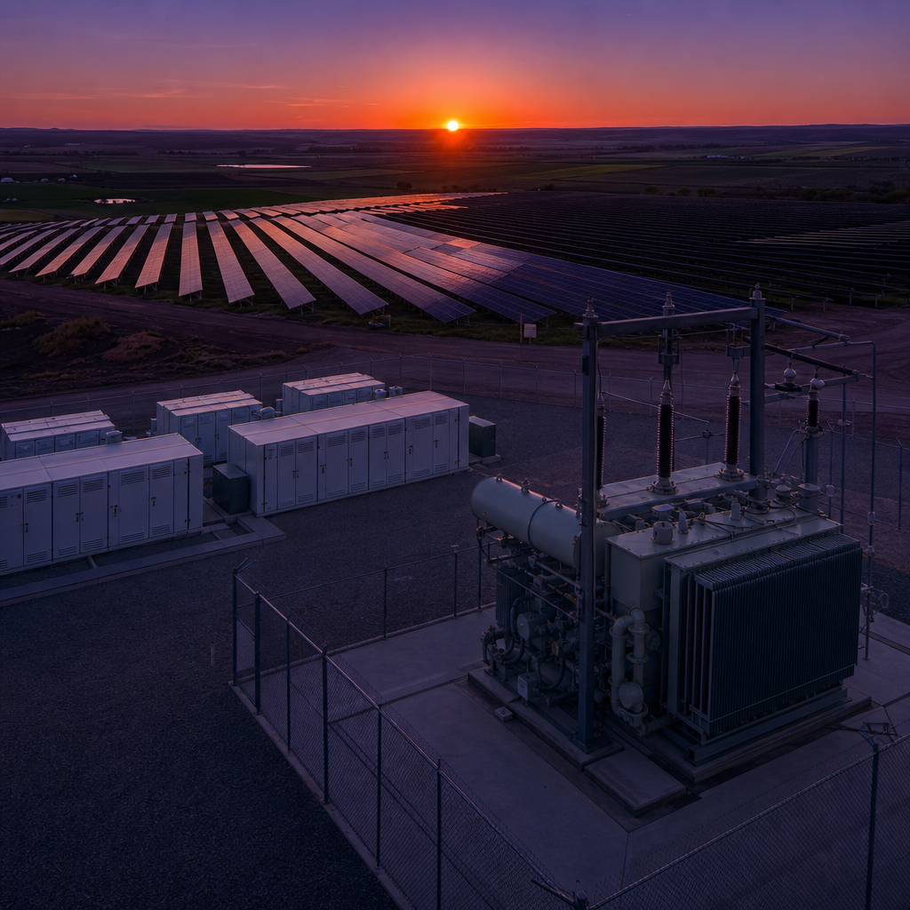 Solar plant at its interconnection export limit with surplus generation curtailed at the main transformer.