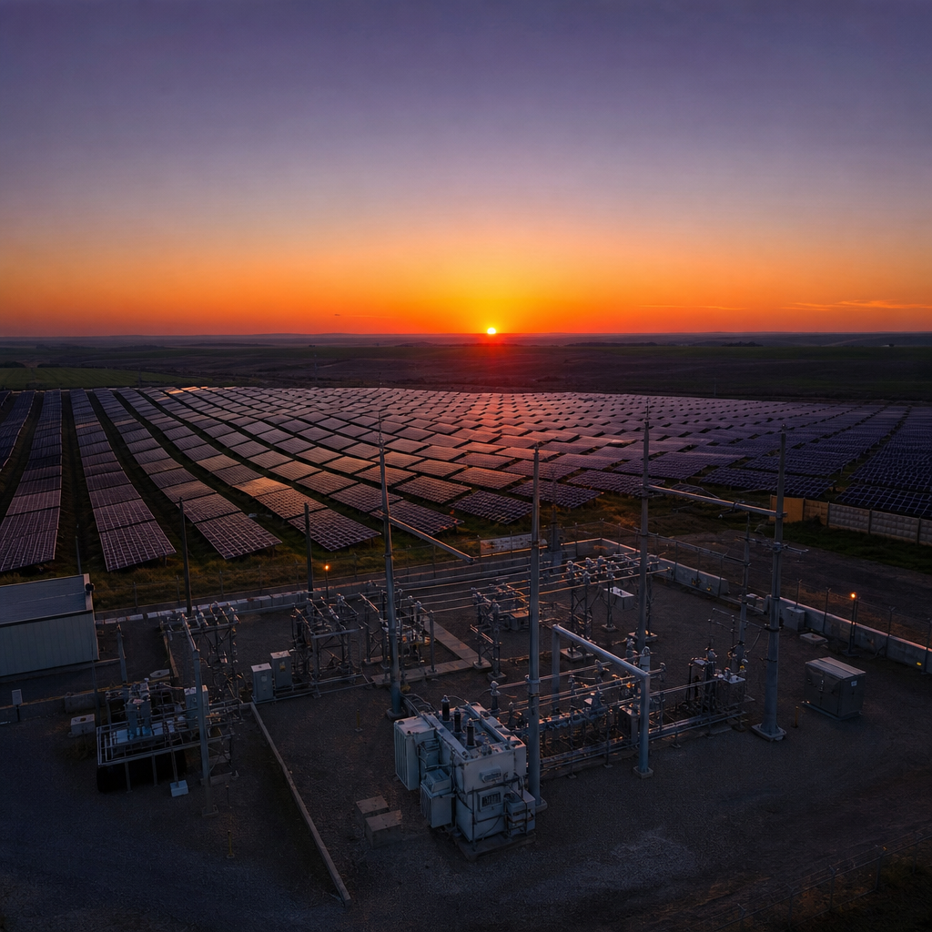 Utility-scale solar plant connection showing demand charges on the grid tie when generation falls short of scheduled delivery.