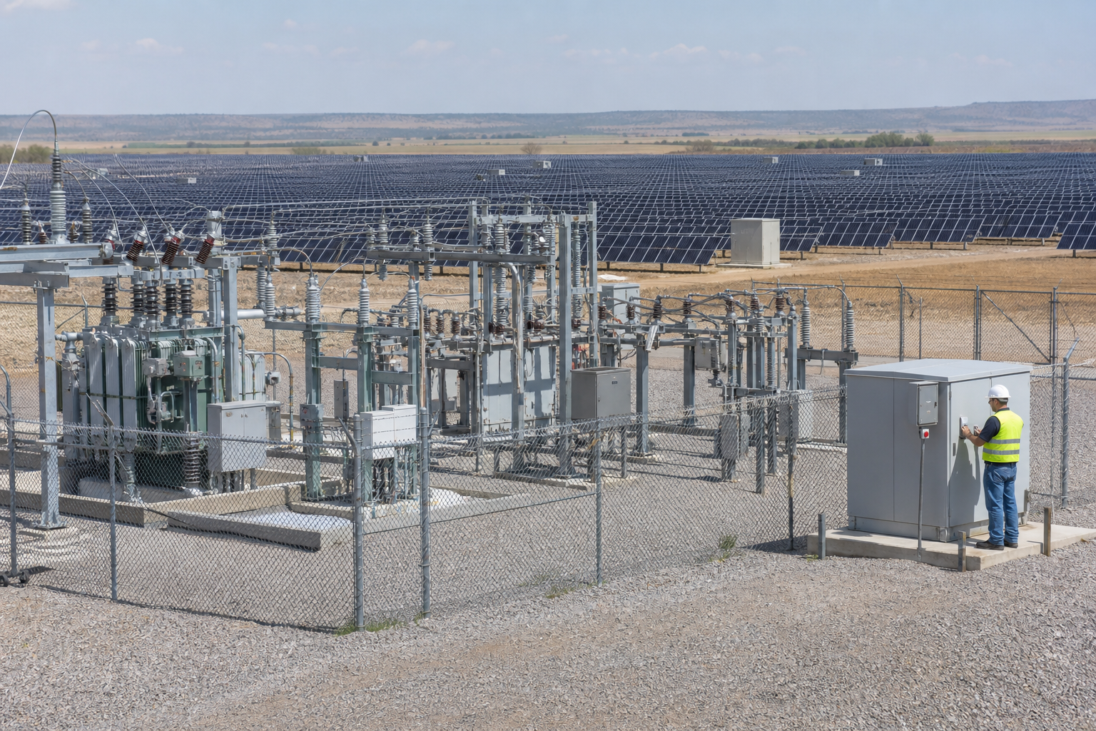 An engineer at a power plant controller cabinet beside a solar plant switchyard.
