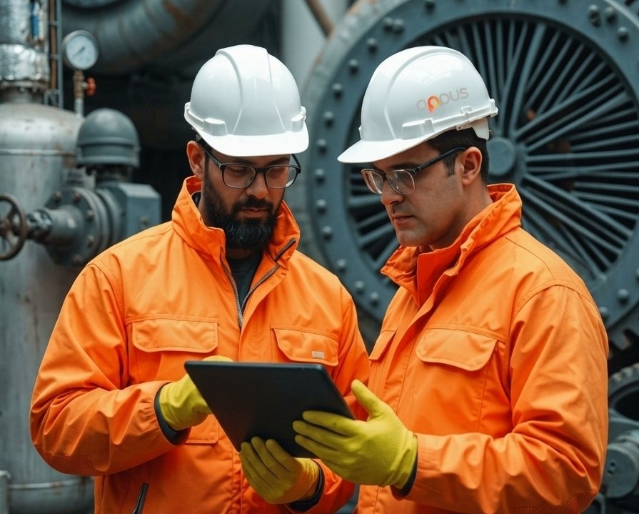 Two engineers in hard hats reviewing a tablet beside plant equipment during on-site commissioning.