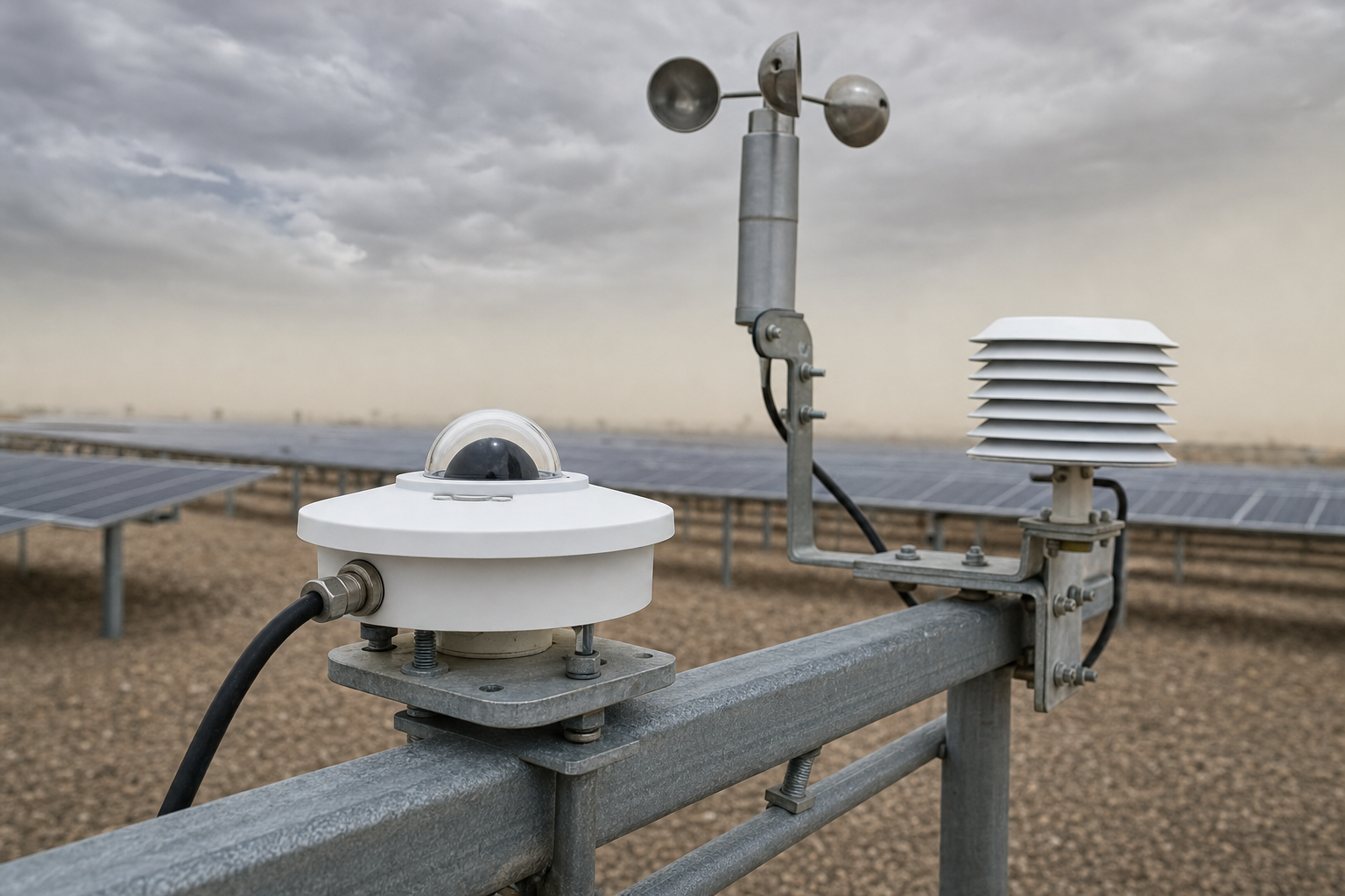 A plant-grade pyranometer and metal anemometer measuring conditions above a utility-scale solar array.