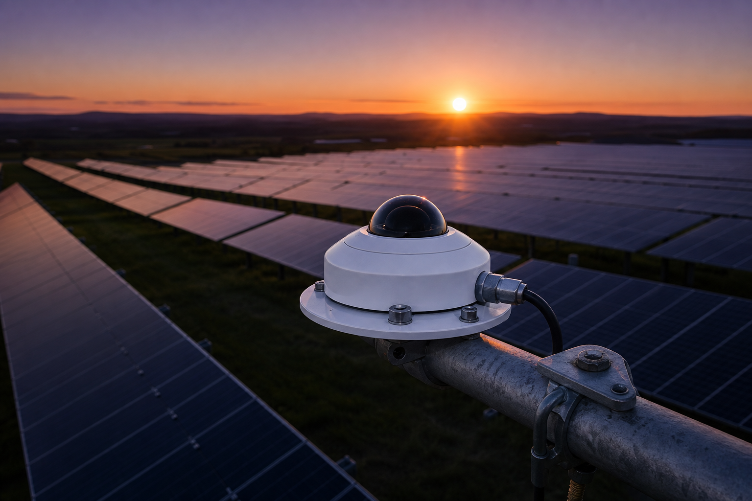 A plant-grade pyranometer measuring irradiance at the plane of a utility-scale solar array.