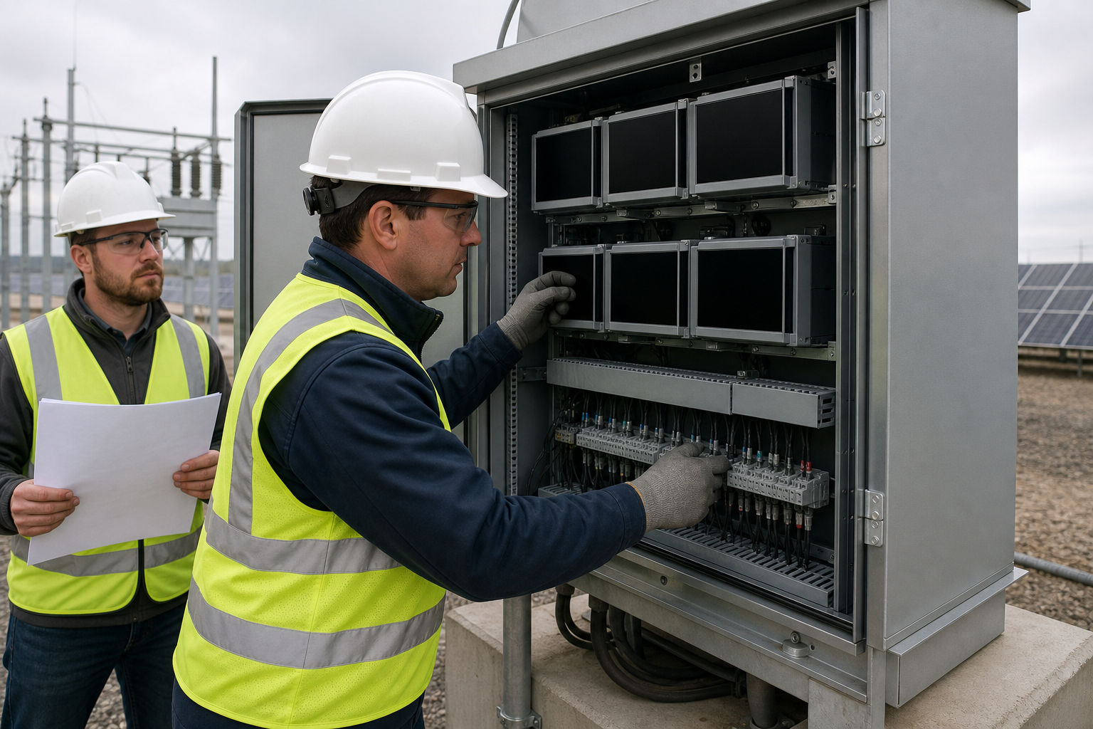 Engineers commissioning a revenue-metering cabinet at a solar plant interconnection.