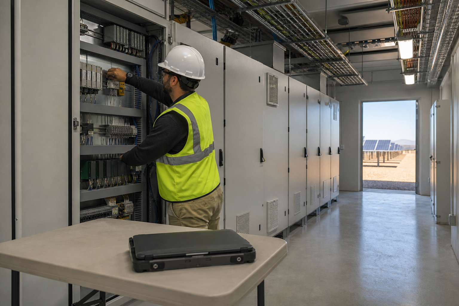 An engineer at electrical cabinets in a solar plant room, where an interconnection meter is tied into the plant.