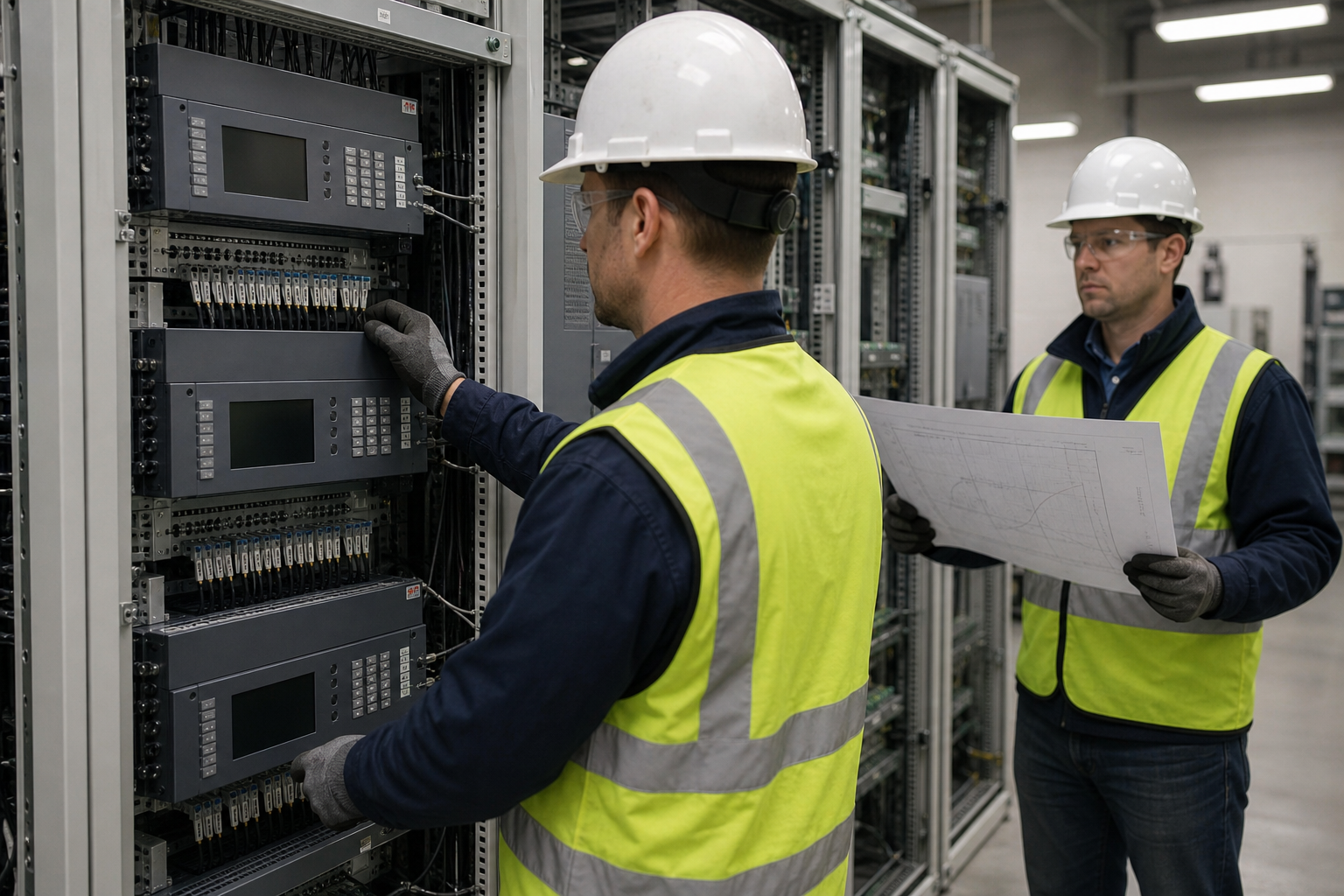 Protection relay racks in a solar plant electrical room.
