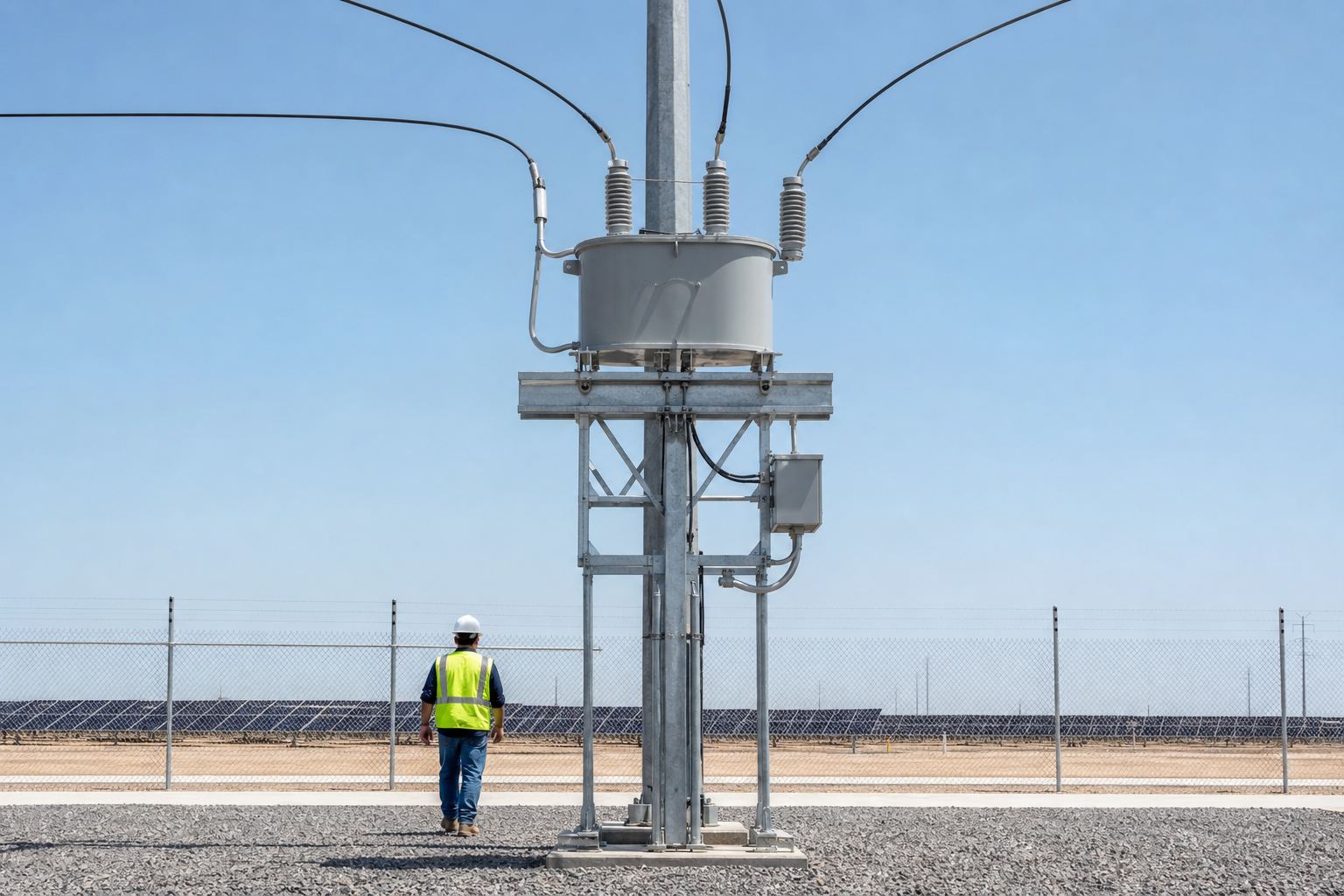 A pole-mounted vacuum recloser at a solar plant medium-voltage feeder.