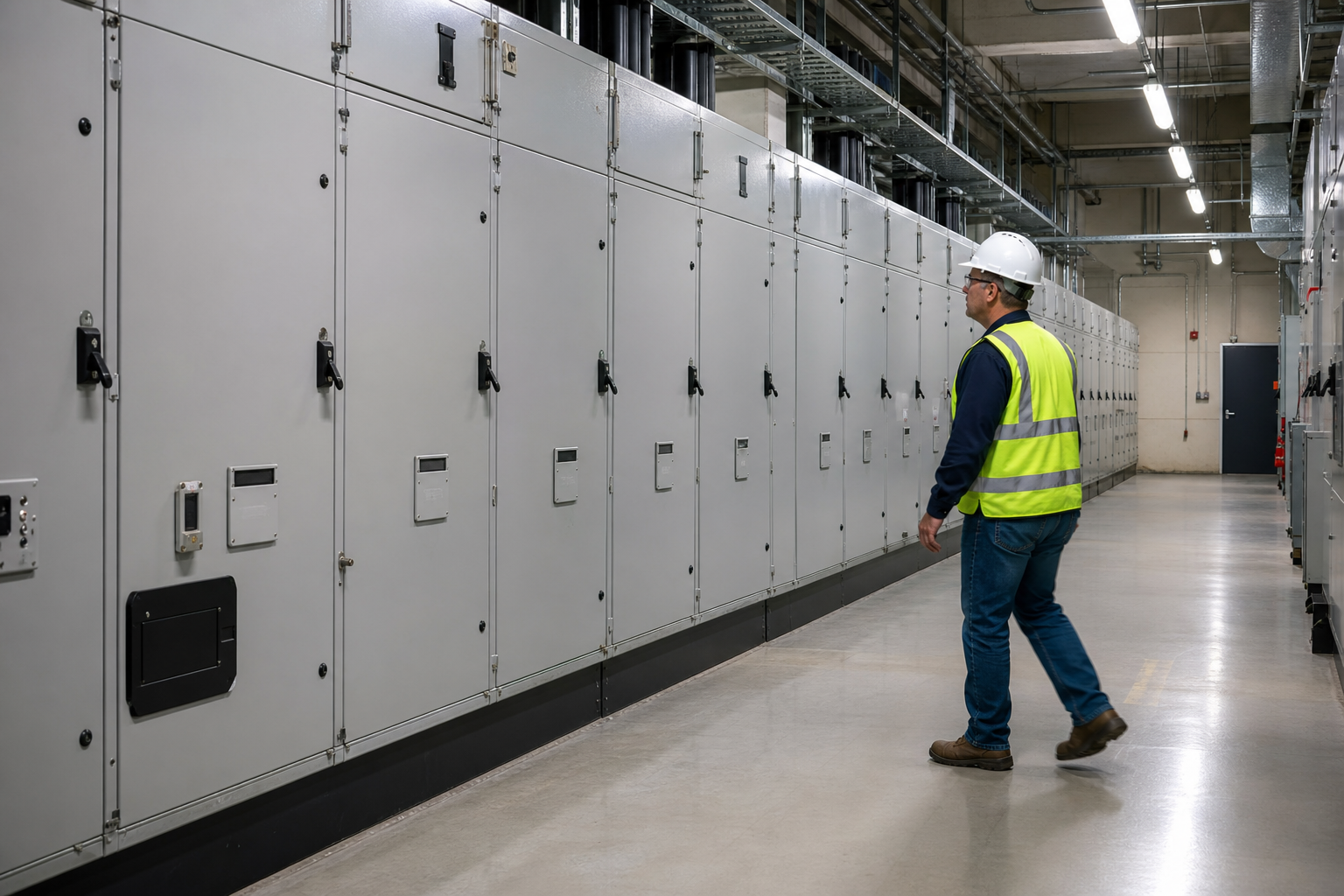 An engineer walking an aisle of medium-voltage metal-clad switchgear in a plant substation.