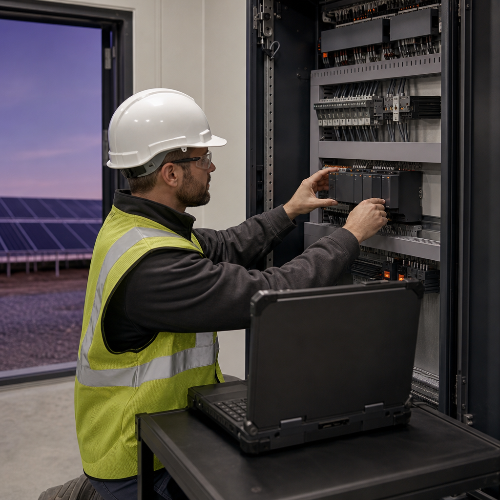 An engineer programming a programmable logic controller at an open cabinet in a solar plant electrical room.