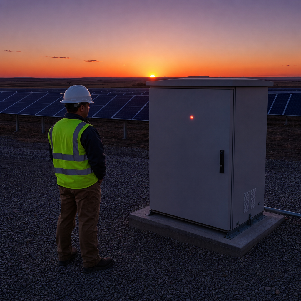 One engineer beside a finished PLC cabinet in a solar plant yard after commissioning.