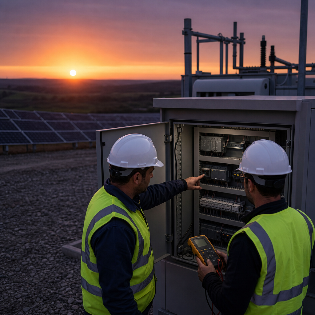 Two engineers verifying protection and control logic at an open cabinet in a solar plant electrical yard.