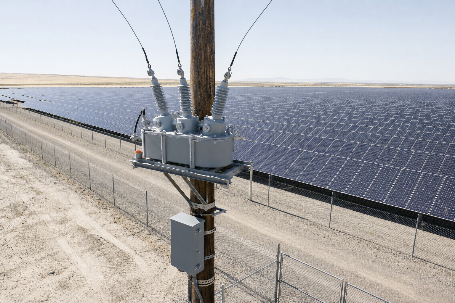A pole-mounted medium-voltage recloser at the edge of a utility-scale solar plant.