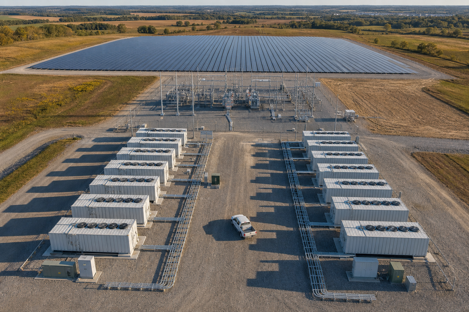 Battery energy storage containers in front of a utility-scale solar array and switchyard.