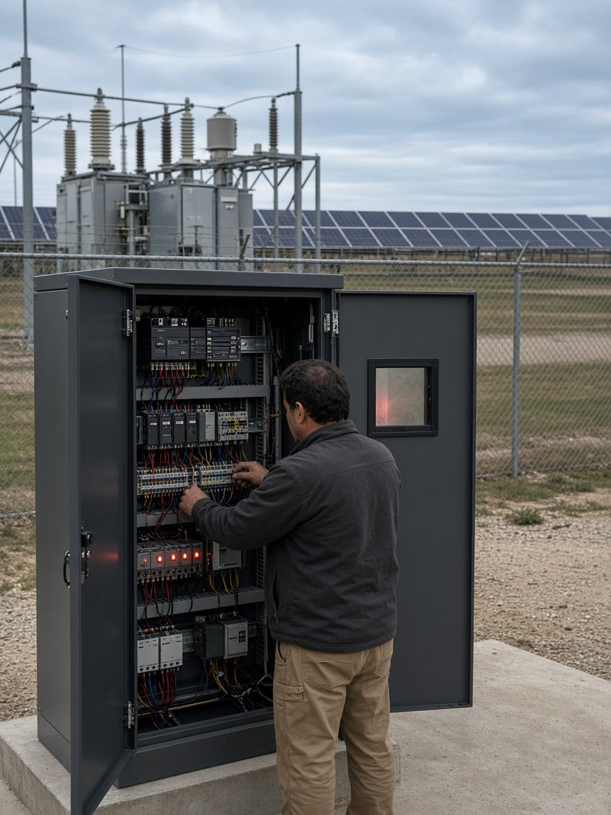 Engineer commissioning a power plant controller cabinet at a solar plant's interconnection point.