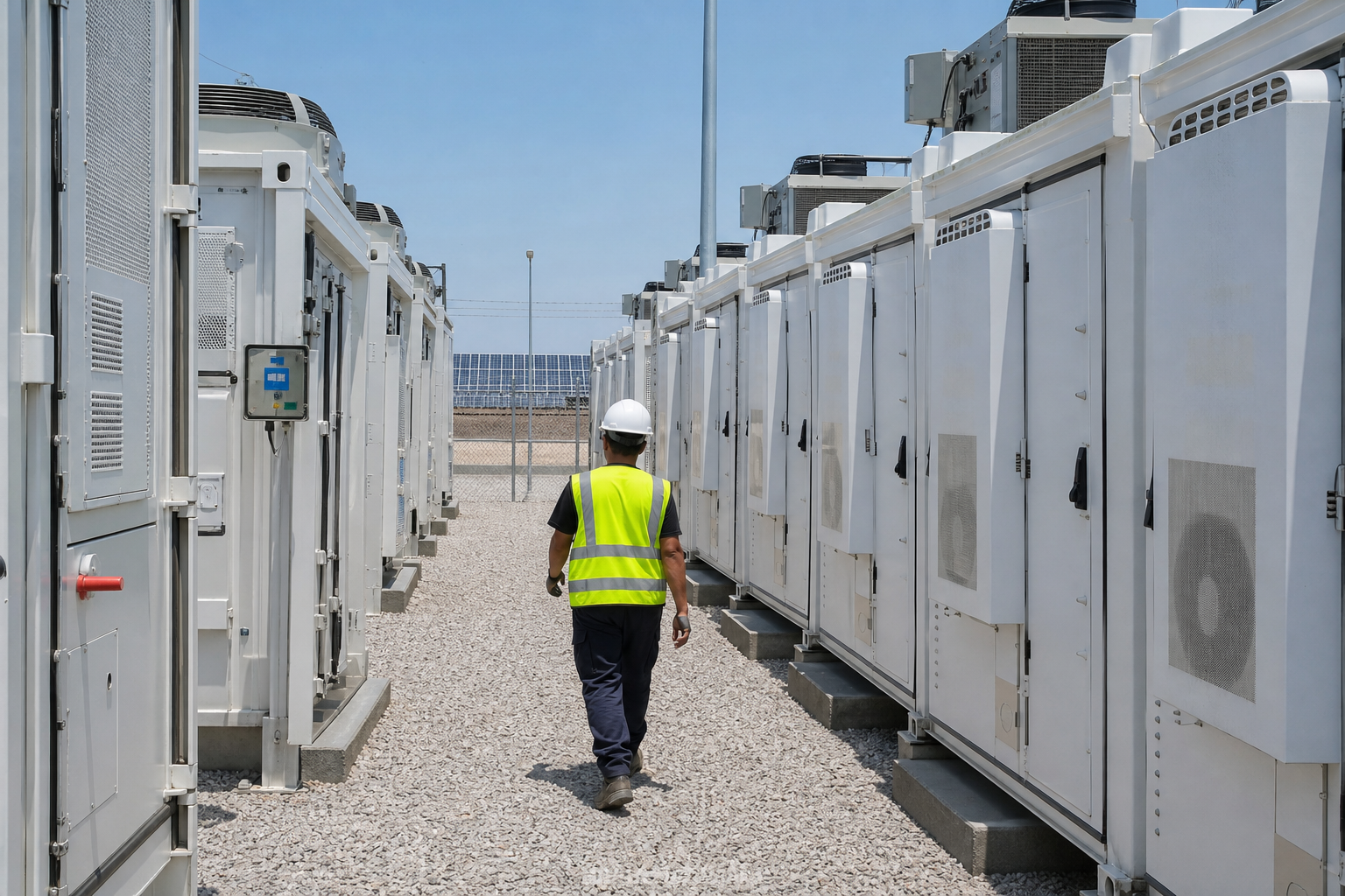 An engineer walking between utility-scale battery storage containers at a solar plant.