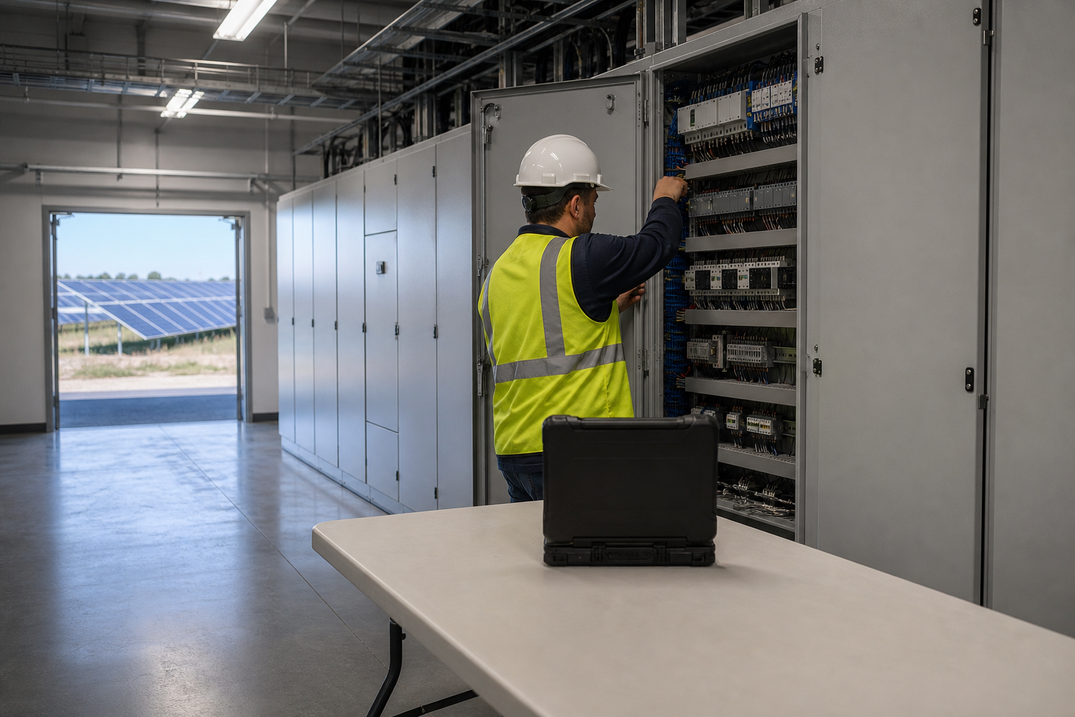 An engineer commissioning industrial control cabinets in a solar plant electrical room.