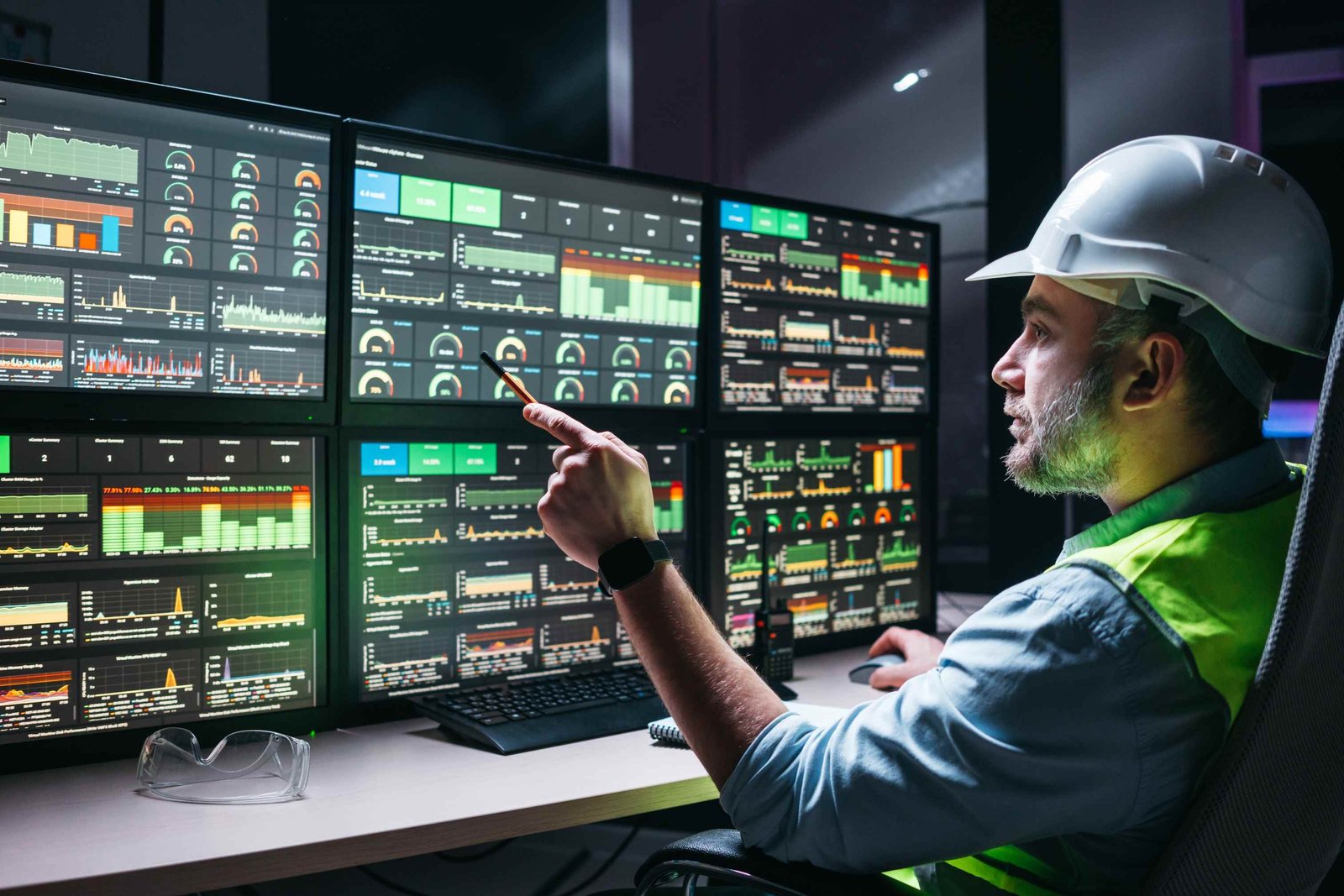 Engineer in a hard hat and high-visibility vest at a multi-screen control desk, pointing at plant monitoring dashboards.