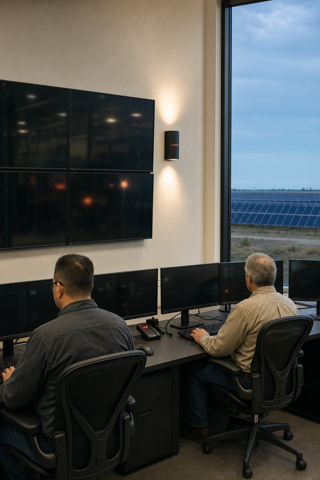 Plant operators in a solar-plant control room running the SCADA and energy management system.