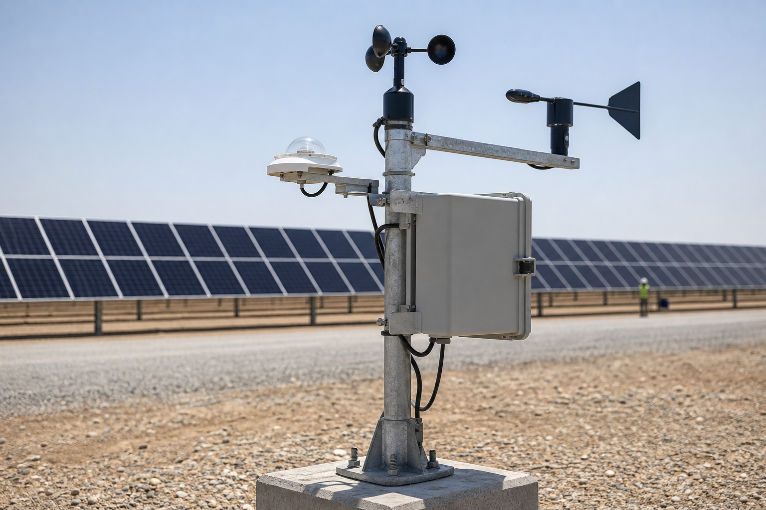 A plant-grade weather station among utility-scale solar rows.