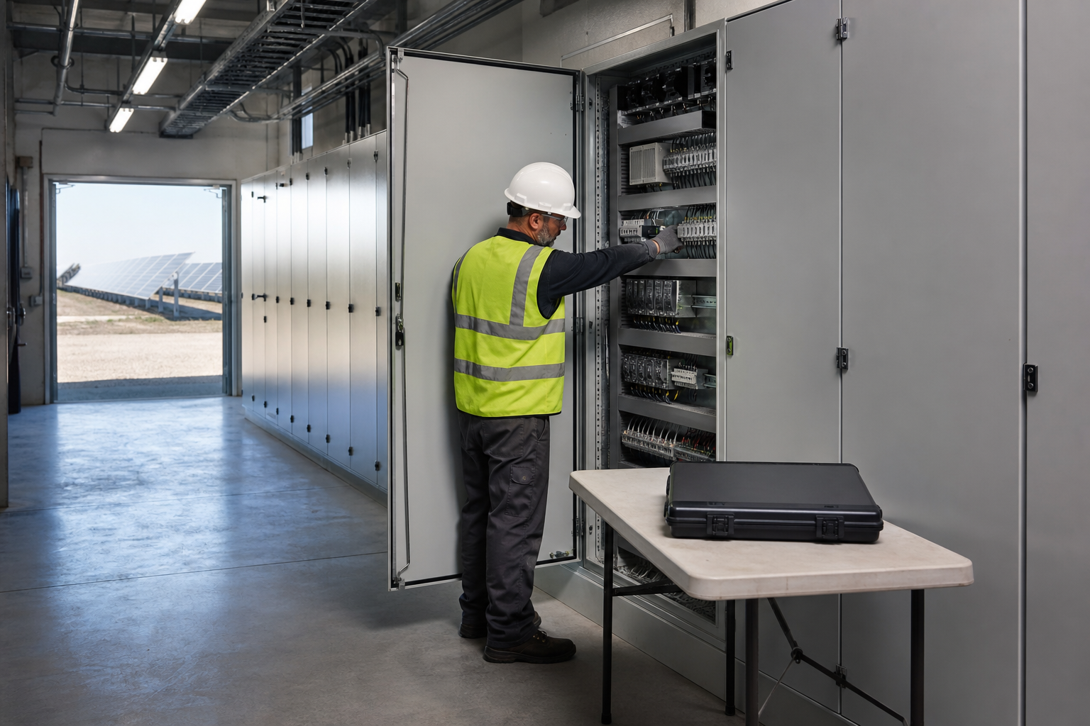 An engineer commissioning industrial control cabinets in a solar plant electrical room.