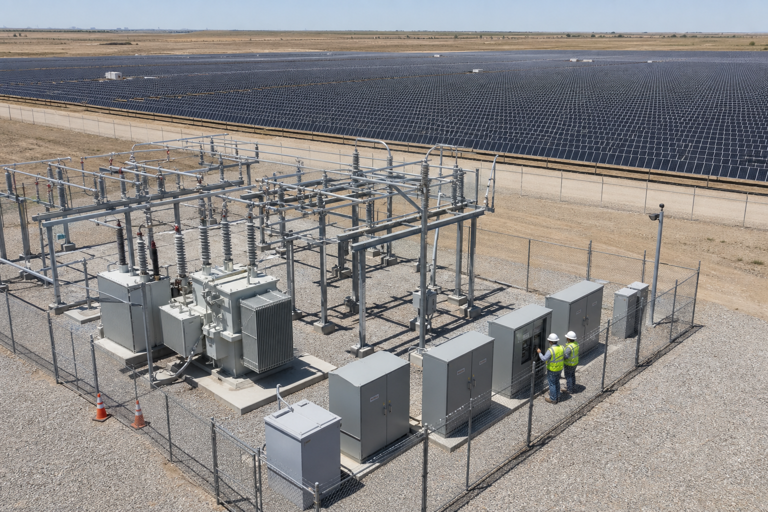 Medium-voltage substation at a solar plant, with metering cabinets where an energy meter connects.